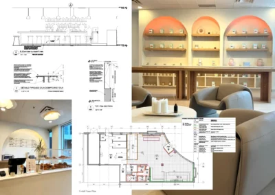 Café Design – Full interior design and documentation, from concept development to bilingual construction drawings. The design combined operational efficiency with branded and warm finishes, while detailed plans, elevations, millwork and specifications in 3D Revit and 2D CAD ensured smooth approvals and execution.