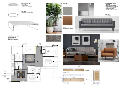 Executive Office Redesign – Interior design for an executive office at Loblaw headquarters, reconfiguring the layout and waiting area to improve functionality and aesthetics. Custom fixtures, curated furniture and a refined palette of warm woods, soft greys and cognac leather created a modern, professional and welcoming environment.